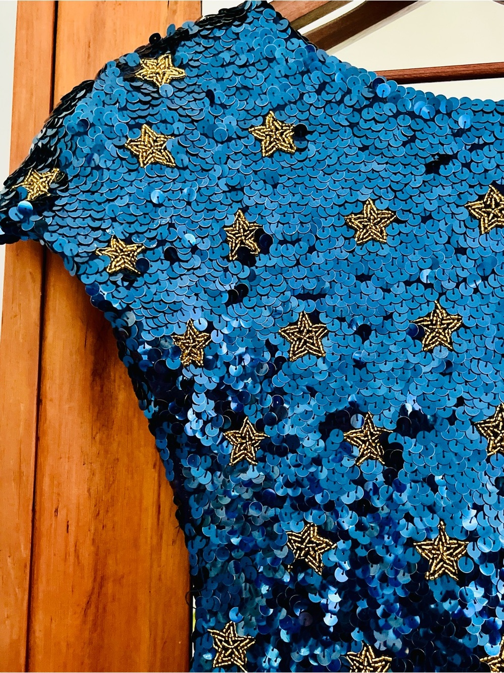 1990s Vintage Blue/Gold Sequin Celestial/Star Cocktail Dress
